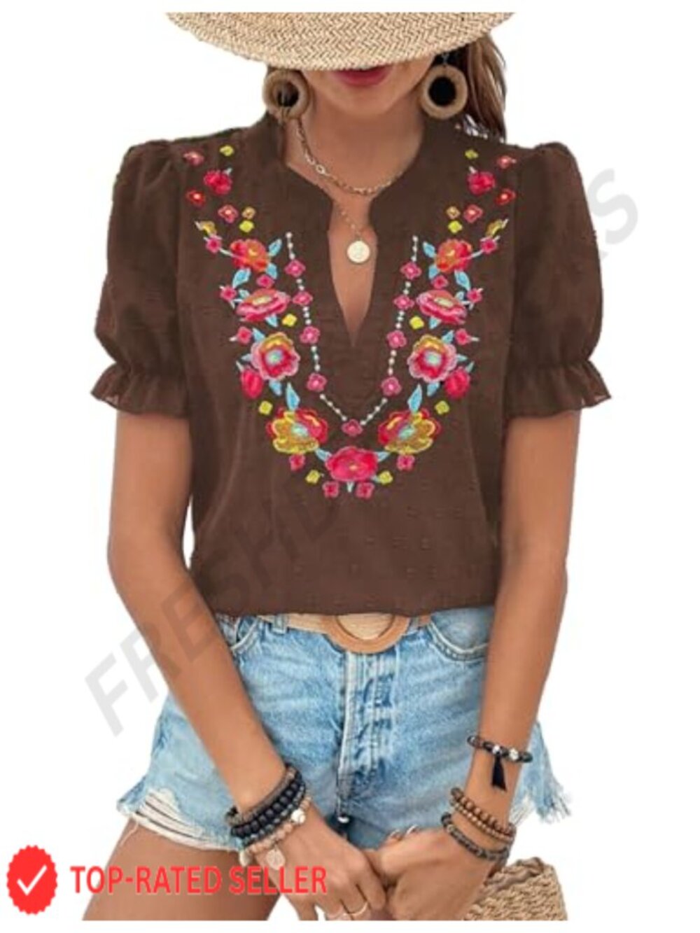 Floral Embroidered V Neck Puff Sleeve Boho Tunic Top Loose Summer Blouse